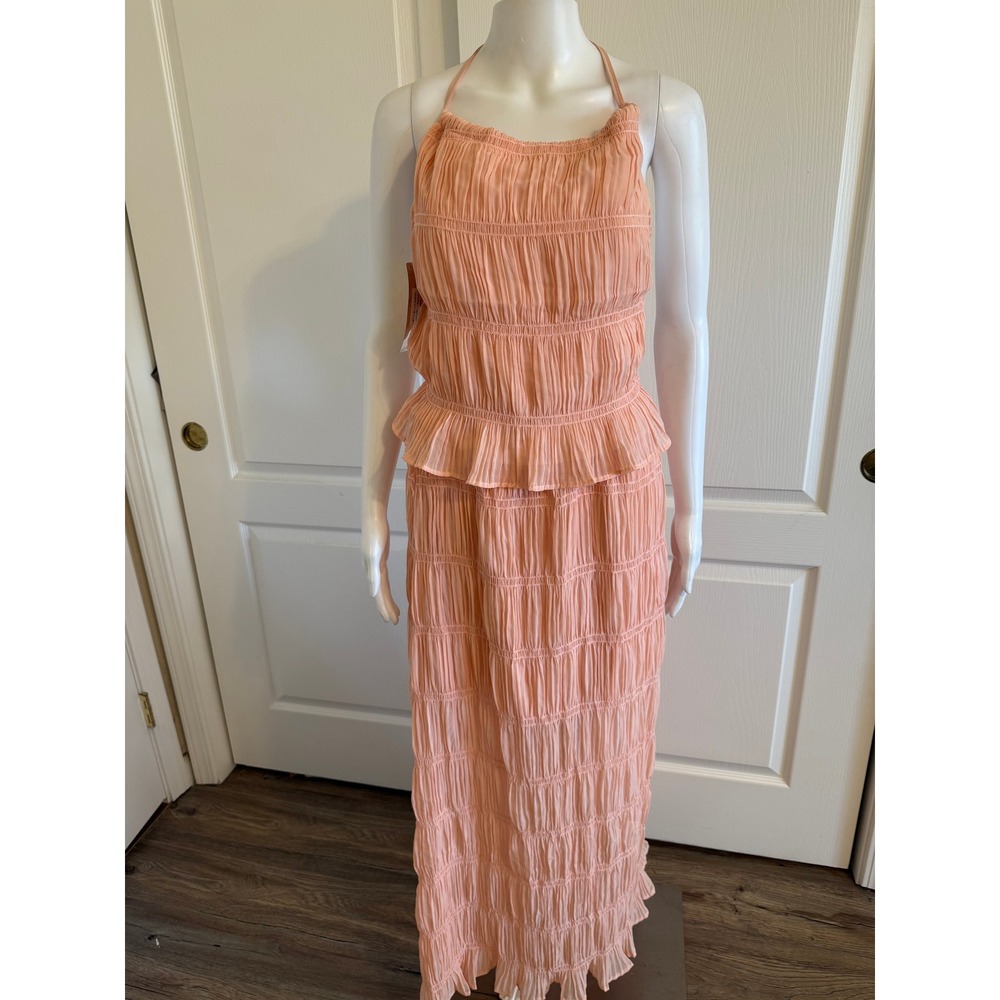 Lizette Collection Peach Smocked Halter Maxi Dress Open Back Peplum Tiered